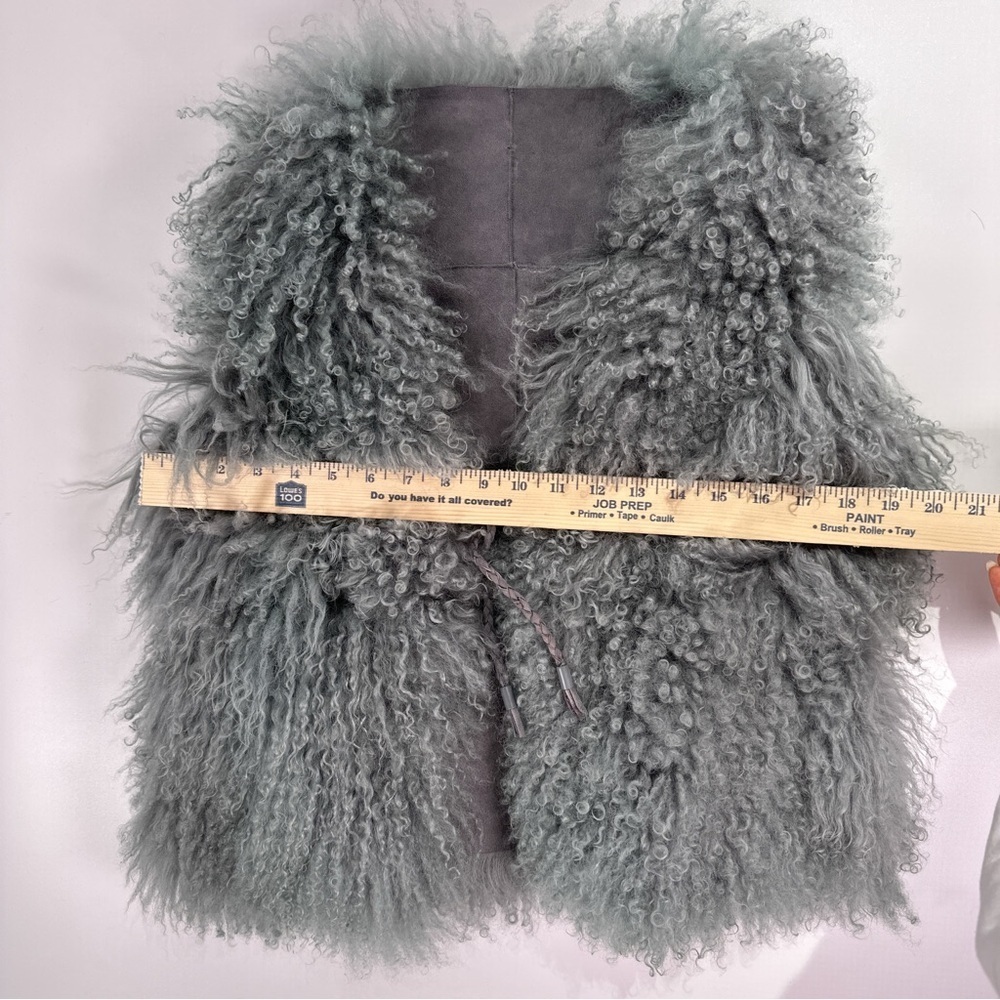 Curly Mongolian Lamb Fur Suede Tie Front Vest Blue Gray M - Picture 11 of 11